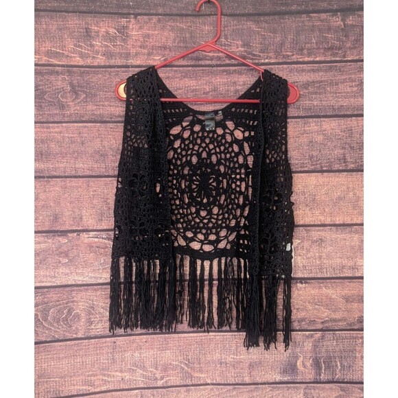 Open Knit Sweater Vest Black Size S/M Fringe Boho Festival Mandala - Picture 1 of 5